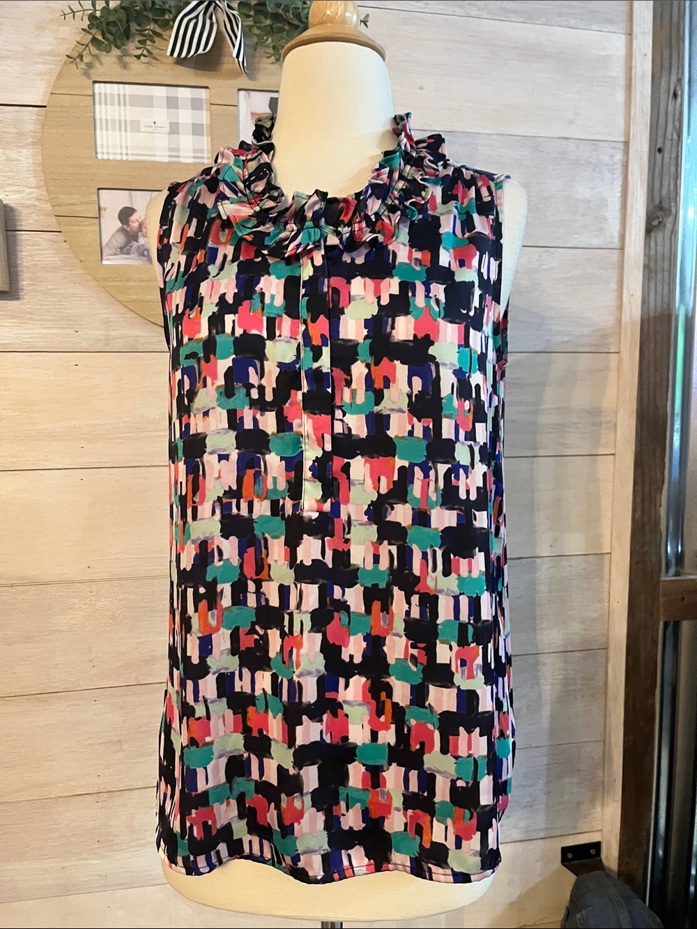 Nine West Multicolor Abstract Print Ruffled Neck Sleeveless Top S